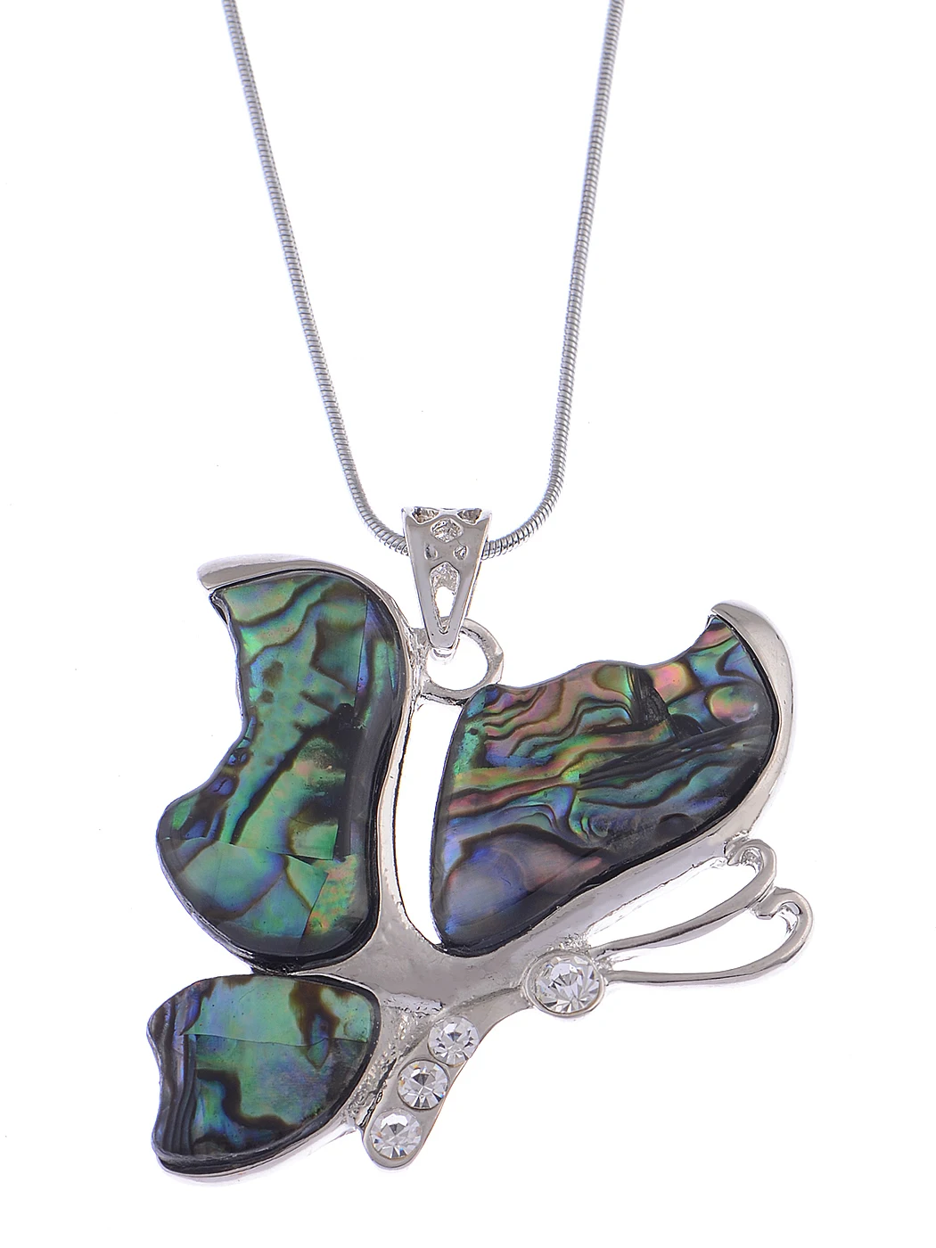 

Silvery Tone Abalone Colored Enamel Shine Clear Rhinestones Butterfly Insect Pendant Necklace