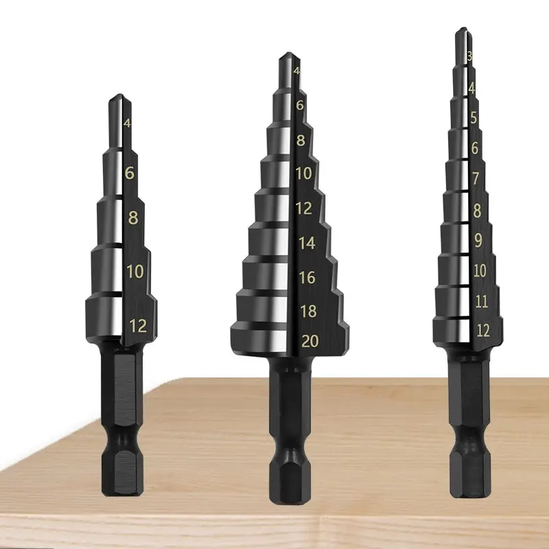 

3PCS Hss Steel Titanium Coated Step Drill Bits 3-12mm 4-12mm 4-20mm Step Cone Cutting Tools Steel Wood Metal Drilling Power Set
