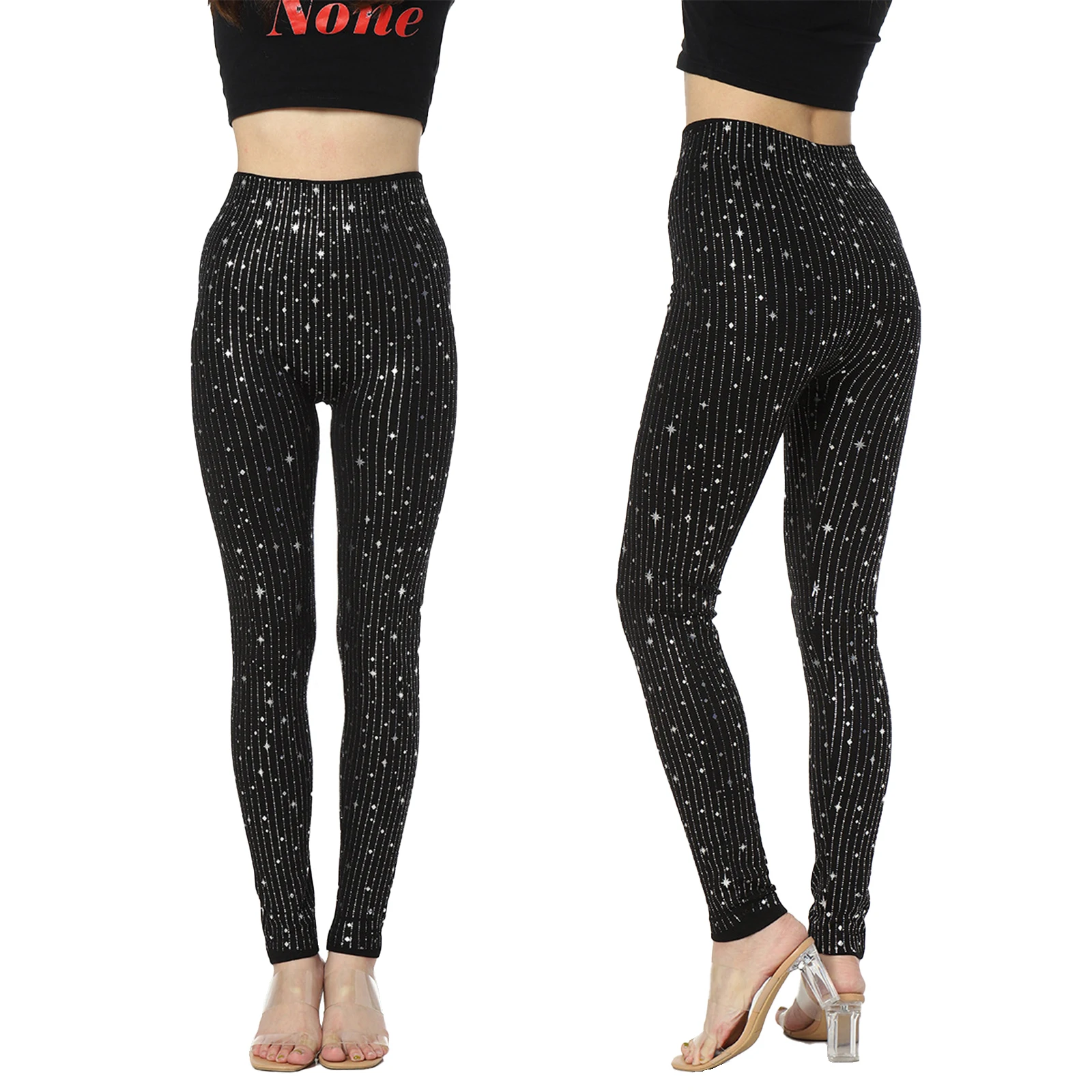 

Женские танцевальные леггинсы, Клубная одежда, Металлические Блестящие Звездные модные блестящие облегающие брюки с высокой талией, эласт...