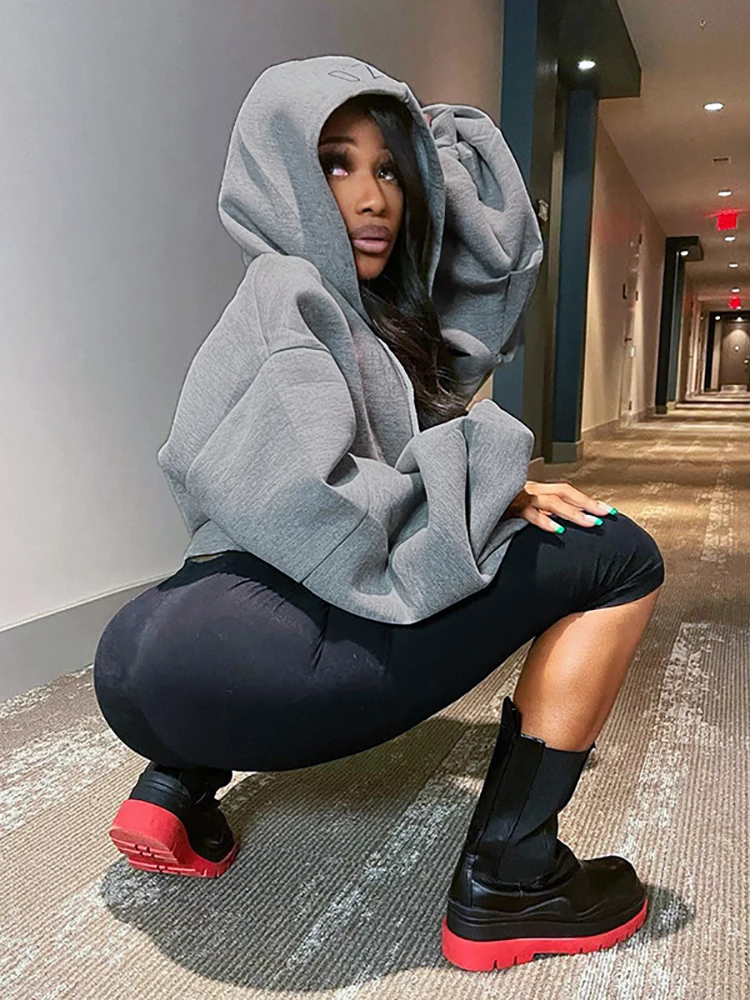 Simenual Grey Lantern Sleeve Hooded Sweatshirts Women Hipster Autumn Winter Bandage Crop Top Tshirt Y2k Streetwear Sporty Cloth