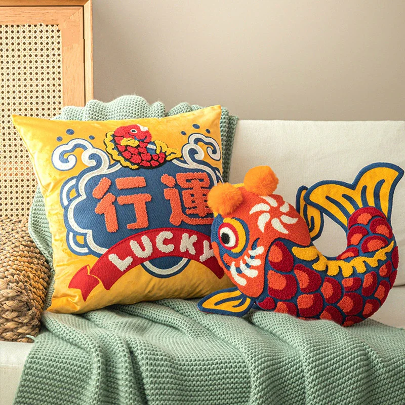 

HMT Cushion Cover Decorative Pillow Joy Chinese Traditional Lucky Fish Embroidery Cushion Cover Sofa Chair Bedding Coussin