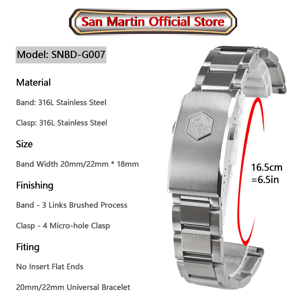 San Martin Watch Parts No Insert Flat Ends Bracelet High Quality 316L Solid Stainless Steel 3Links  20mm 22mm Universal Strap enlarge
