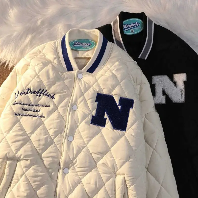 American retro big thick baseball uniform padded jacket for men women student winter new loose high street coat punk streetwear