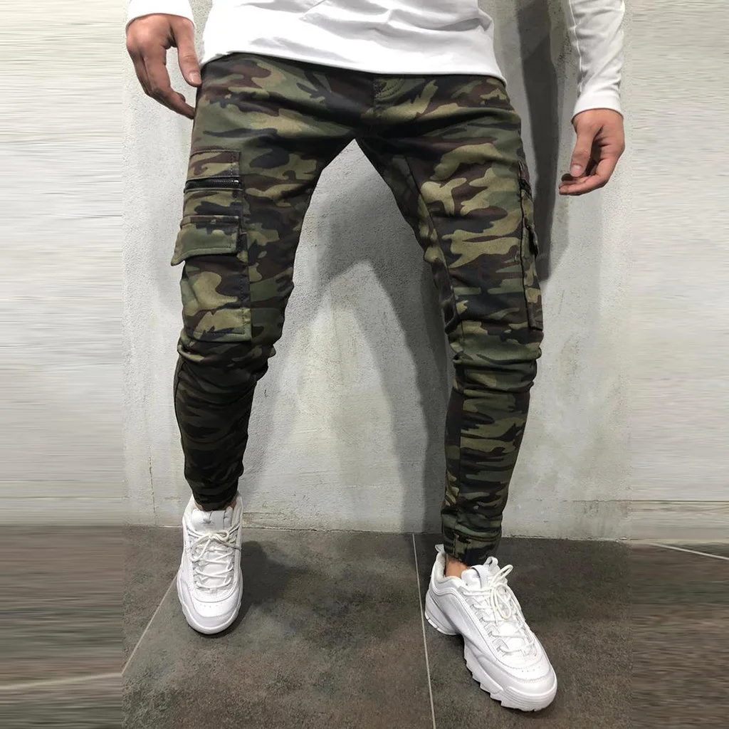 New Camouflage Cargo  Multi Pocket Mens Pants Small Feet Elastic Slim Fashion Camouflage Jeans for Men