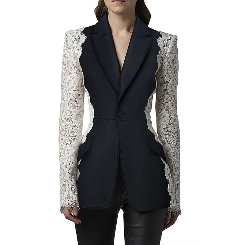 2022 Fashion Designer Lace Patched Long Sleeve Elegant Black Blazer Women Streetwear Suit Jacket Coat