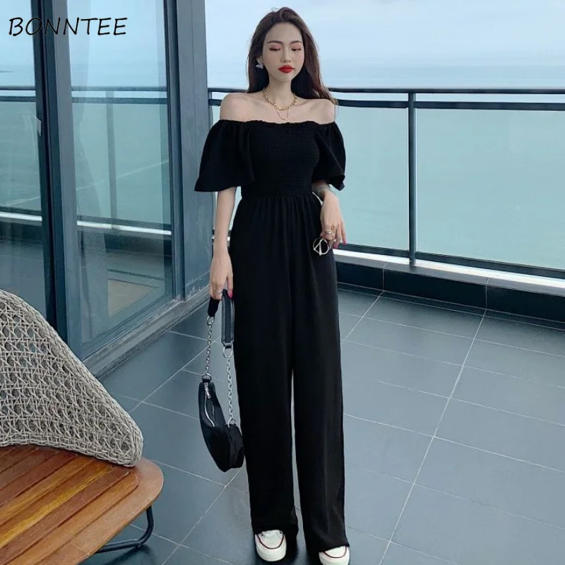 

Jumpsuits Women Spring Solid Slash Neck Casual Full Length Simple Wide Leg Korean Style Stylish Classic Chic Fashion Newly Ins