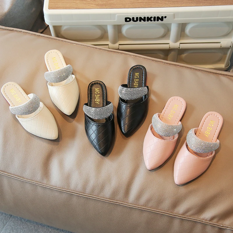 

Сандалии детские из экокожи, элегантные однотонные, заостренный носок, без застежки, роскошные модные, для девочек, летние тапочки, 26-35 цветов