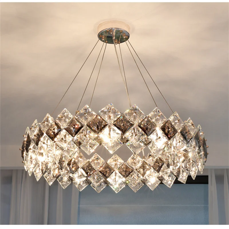 

Подвесные светильники, освещение для гостиной, роскошные современные светодиодные серые светильники E14 с прозрачными кристаллами, подвесные светильники, золотая металлическая круглая лампа
