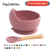 customizable logo baby silicone bowl food grade raw materials bpa free strong suction with wooden handle spoon soft silicone