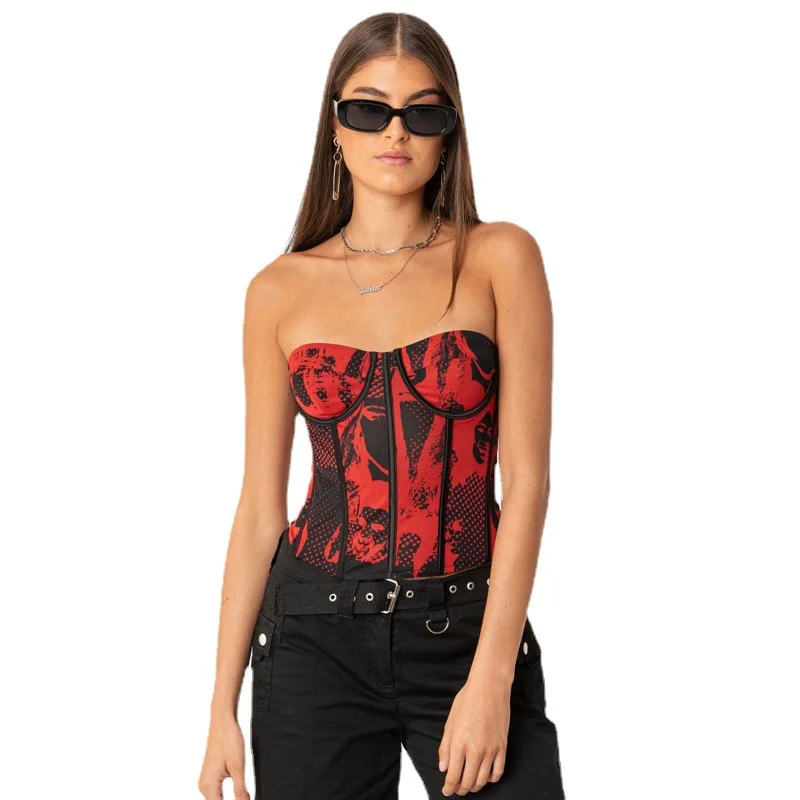 

Женский корсет с принтом, пикантный топ с открытой спиной, в полоску, в стиле пэчворк, эластичный облегающий Универсальный летний тренд 2022 г...