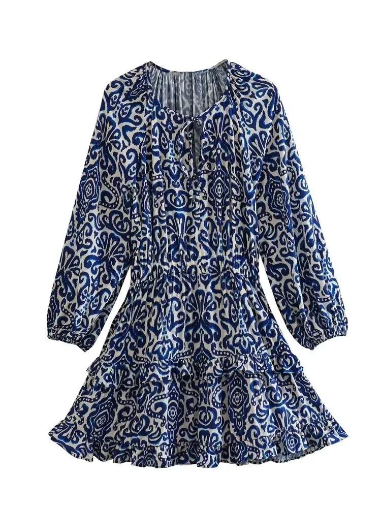 

ZBZA Printed Mini Dress Woman Ruffle Short Dresses For Women 2023 Vintage Dress Long Sleeve Casual Summer Women's Party Dresses