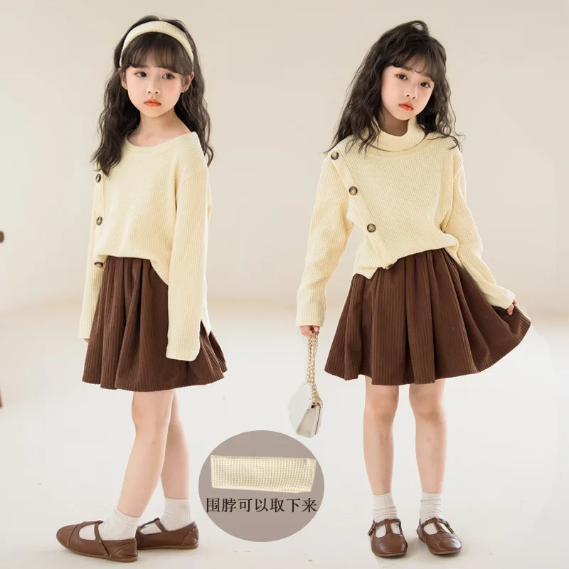 

Girls' Skirt Suit 2023 Spring New High-Necked Waffle Sweater Brown Pleated Skirt Two-Piece Set Big Children's Skirt Girl Skirt