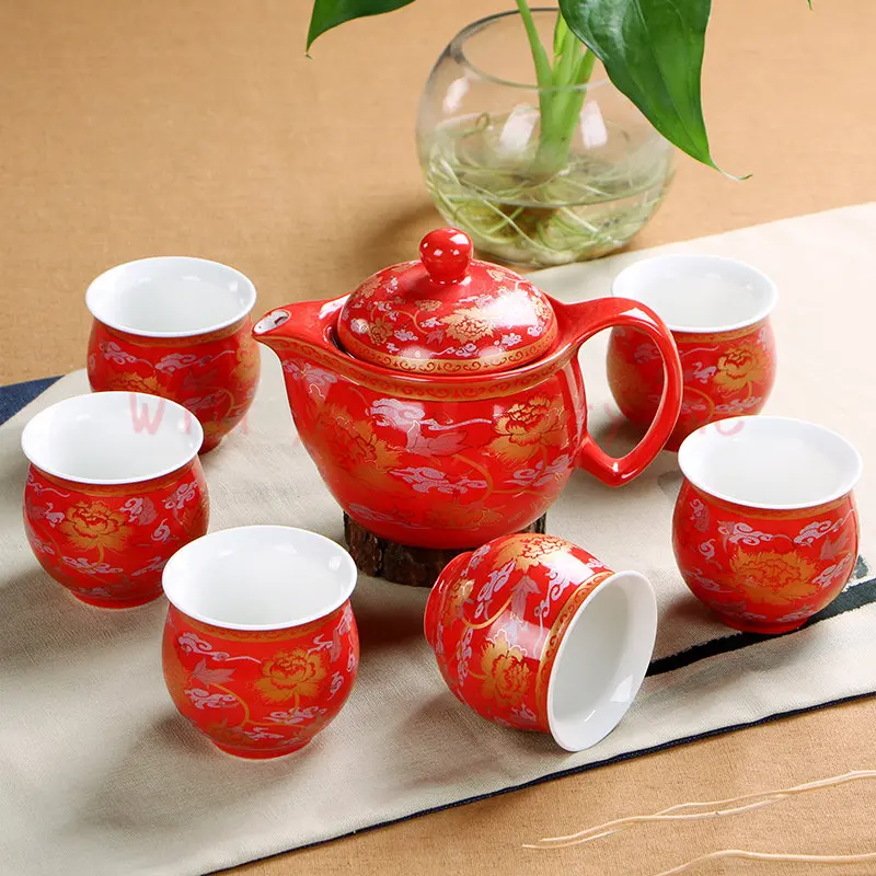 

Chinese Wedding Decoration Tea Sets Insulation 6pcs teacup 1pcs teapot. Kung Fu Teaware Sets Wholesale The Highest Sales