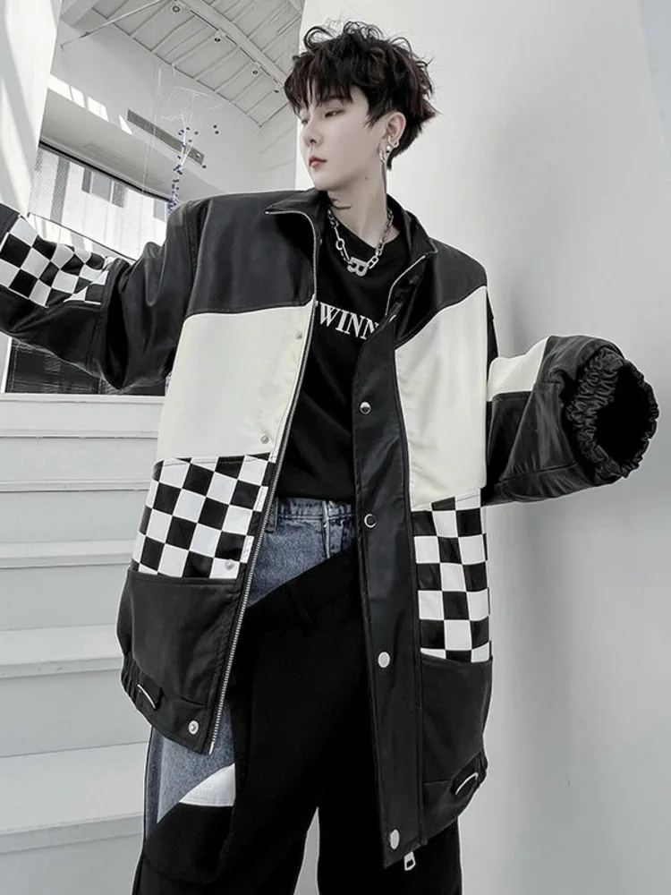 

SYUHGFA Men Clothing Zipper Plaid Patchwork Color PU Leather Jackets Korean Fashion Autumn 2022 Vintage High Quality Coat