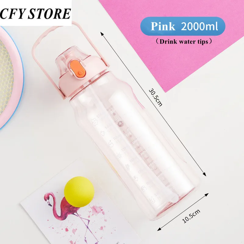 2L Large Capacity Portable Plastic Water Bottles with Time Tips Outdoor Sports Bottle Leak-proof Bike Climbing |