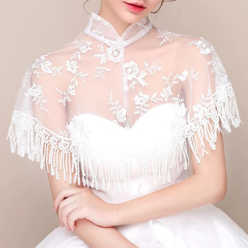 

High Neck for JACKET Wedding Bolero Floral Lace Tassel Bridal Wraps Cape Women S