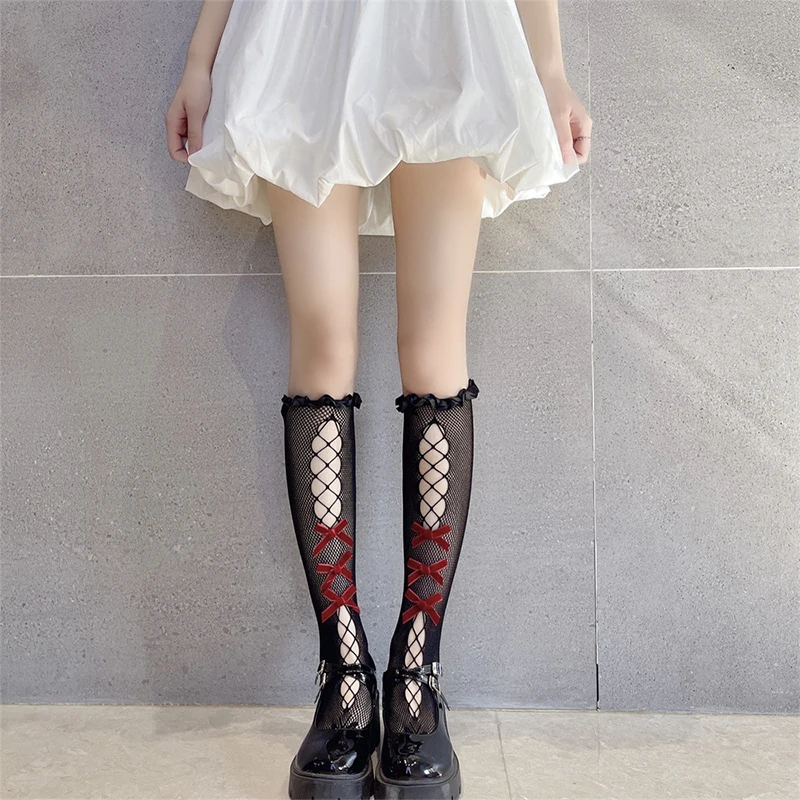 

Ажурные сетчатые кружевные носки с оборками чулки в японском стиле Лолита высокие носки бархатный бант JK Косплей костюмы Аксессуары