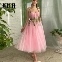 jeheth pink tulle a line prom dresses sweetheart neck flowers appliques tea length party formal evening gown vestidos de fiesta