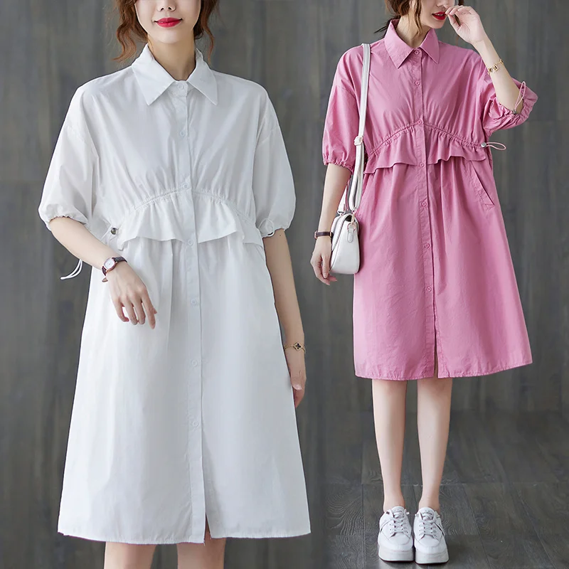 

Korean Shirt Dress Women's Summer 2022 New Lapel Drawstring Waist French Large Skirt Loose Casual Female Dresses