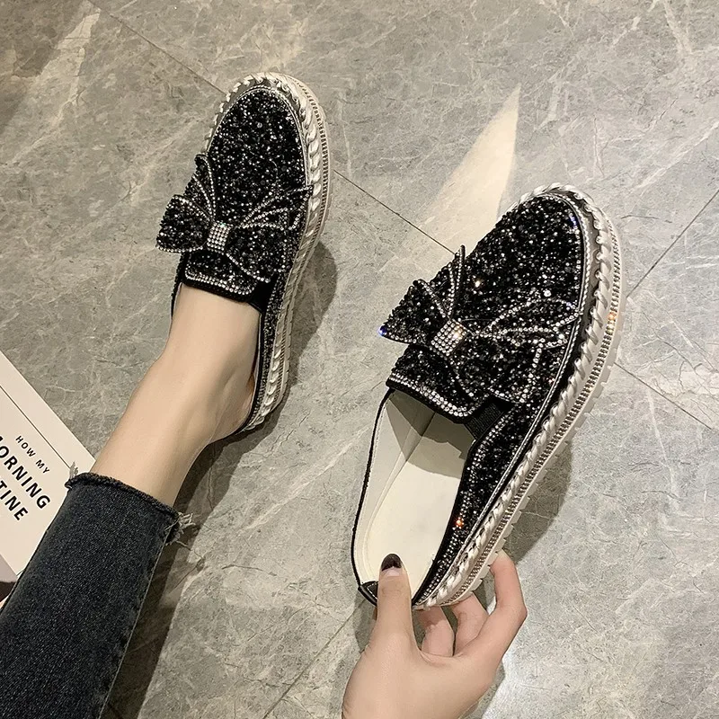 2022 Sequin Diamond Ladies Flat Shoes Beauty Shoes Rhinestone Ladies Casual Leather Shoes Round Toe Slip-on Platform Shoes