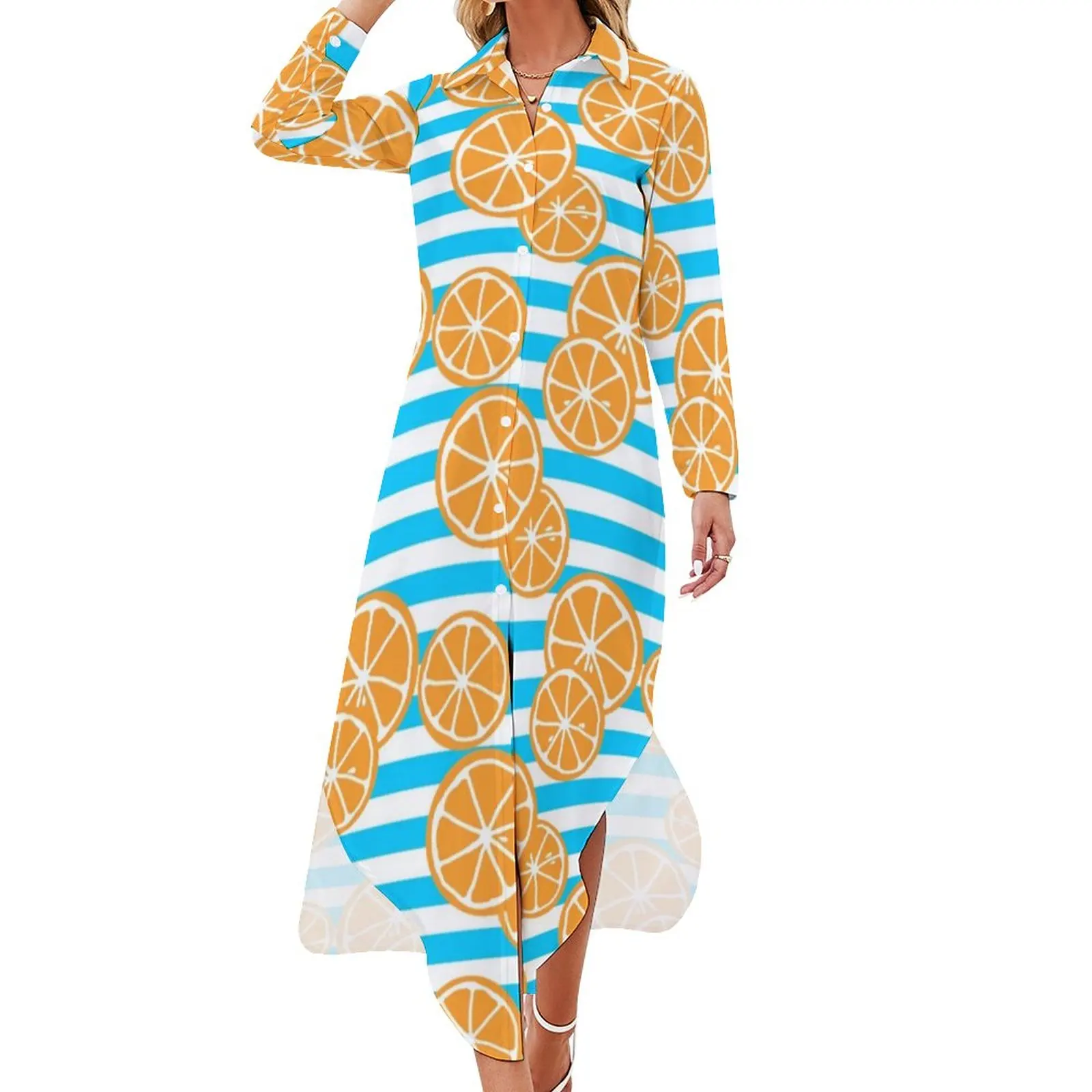 

Шифоновое платье в белую и синюю полоску, с изображением апельсинов