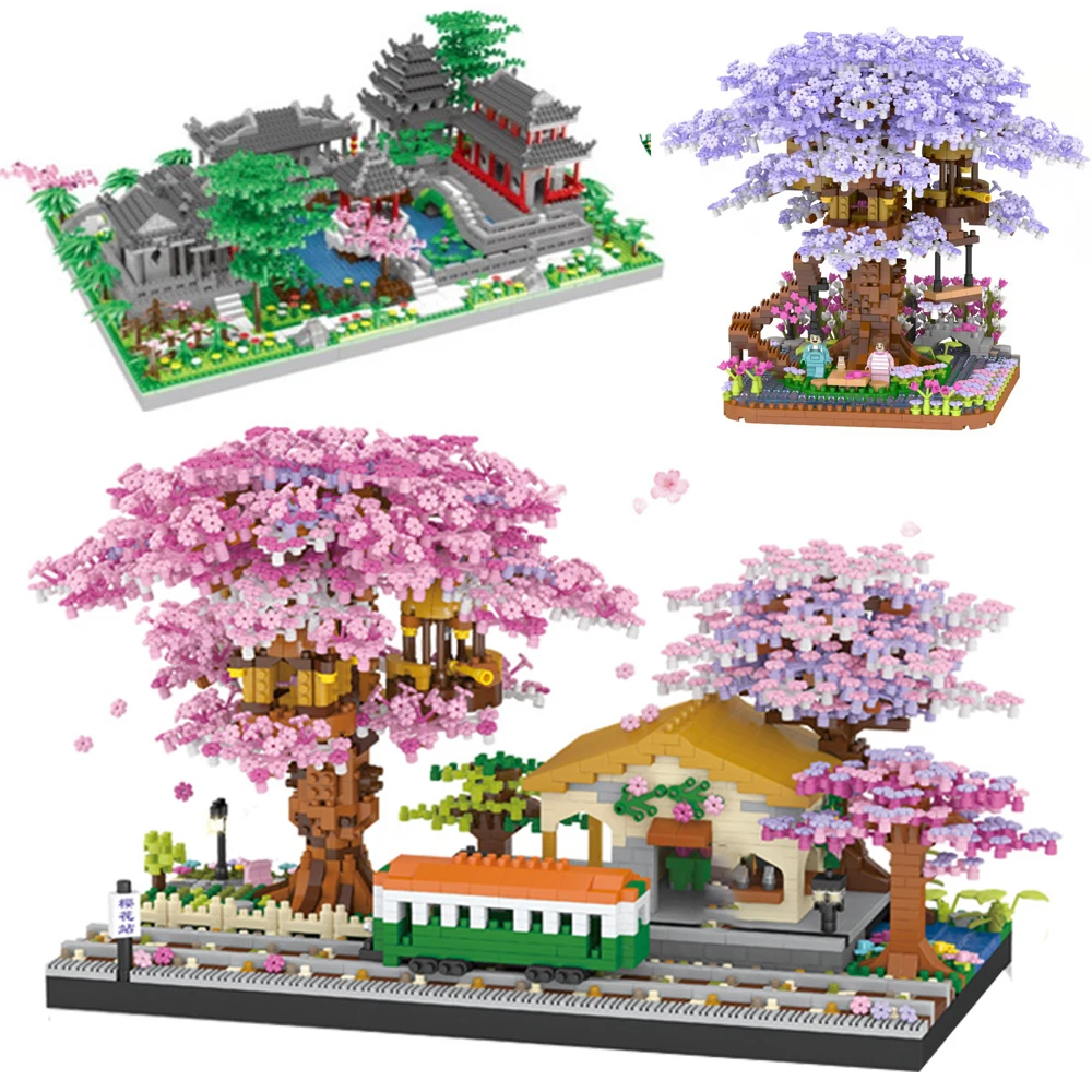 

Поезд Сакура, домик с кабиной, микро строительные блоки, город, цветение вишни, японские друзья, улица, вид, детские строительные игрушки