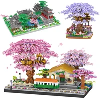 sakura train tree cabin house micro building blocks city cherry blossom japanese friends street view children constructor toys