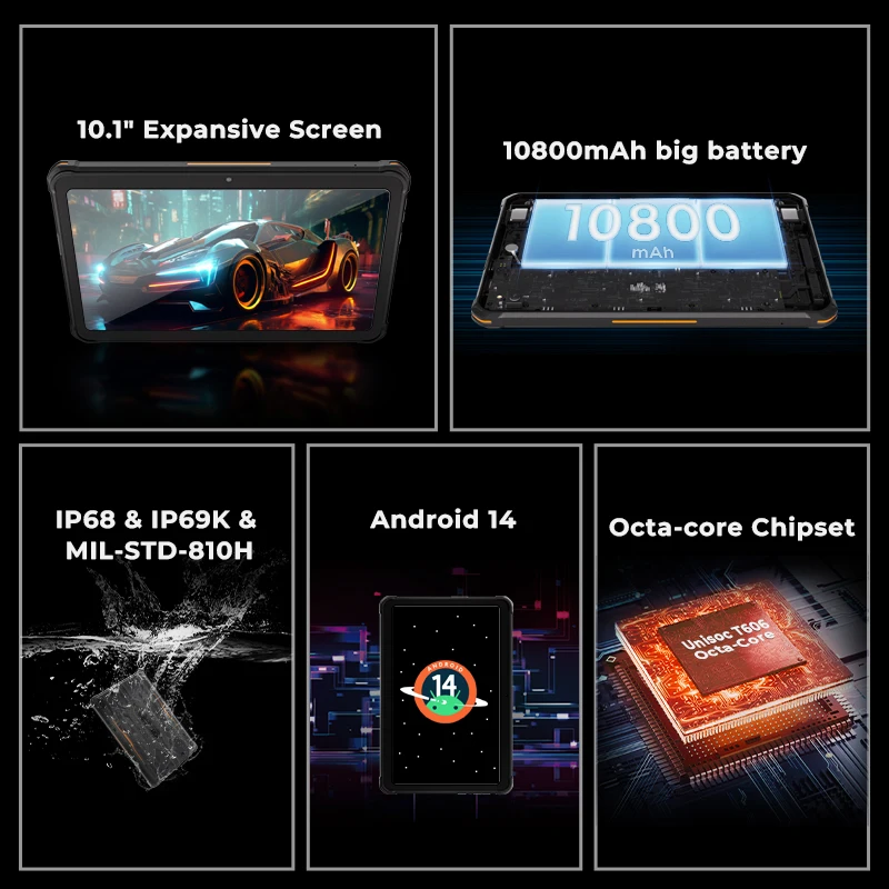 Новые прочные планшеты HOTWAV R8 Android 14 10 1 дюйма + 1080 мАч 5 МП 13 с камерой 12 (4 8) 128 ГБ