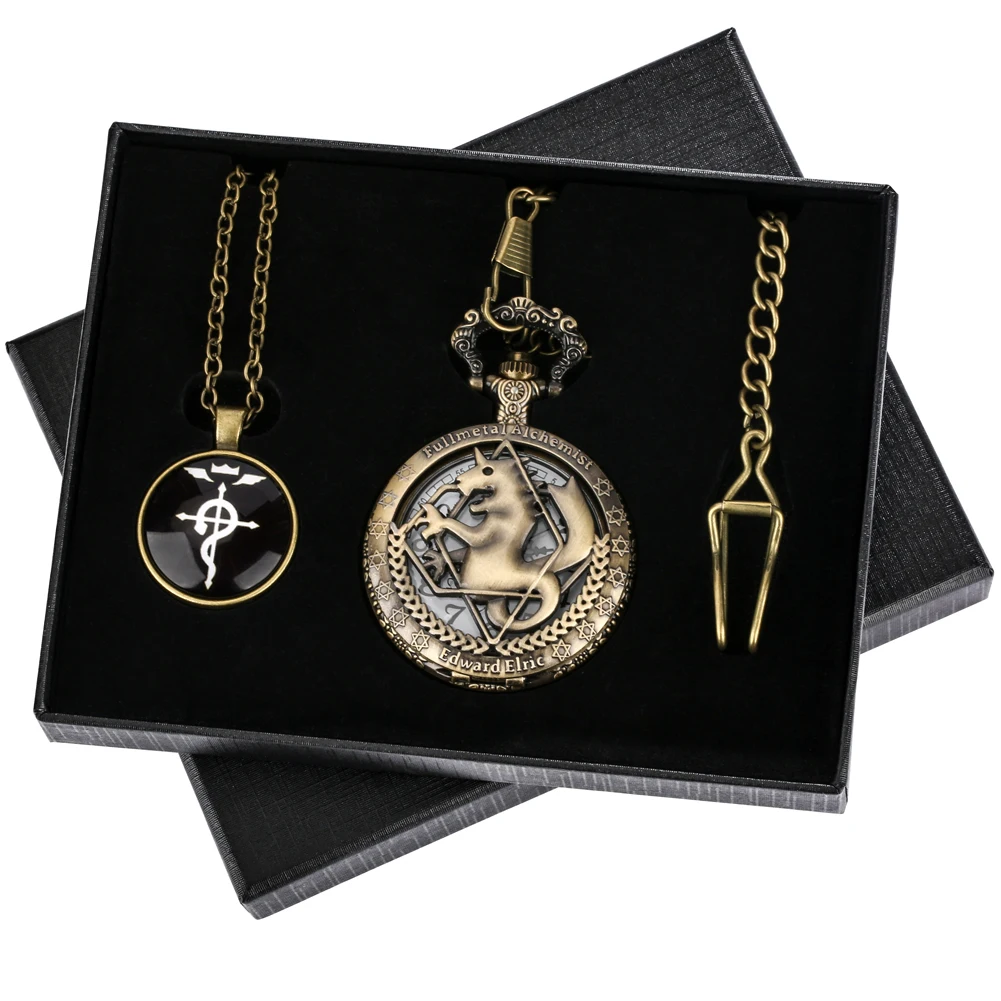 Bronze Pocket Watch Necklace Hollow Tone Fullmetal Pocket Watch Gifts Sets for Male Anime Cosplay Pendant Clock Relógio De Bolso