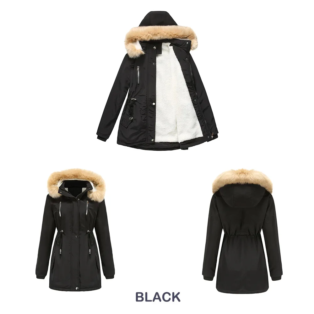2022 Winter Jacket Women Thickened Casual Cotton Coat Removable Hat Plush Winter Coat Women and Fashion Winter Coat Black Red