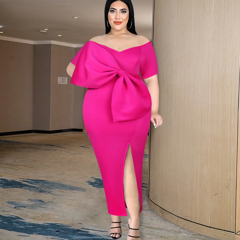 

Plus Size Women Party Dress Bow Tie Party Club Long Bodycon Maxi Robe Curve 4xl Slash Neck Split Femme Elegant Vestidos Pullover