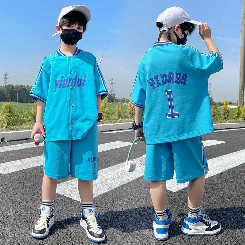 Kids New Summer Handsome Cool Kids Boy Casual  Fashion Trendy Children's Pure Cotton T-shirt +Short Pants  4 6 8 10 12 14Years images - 6