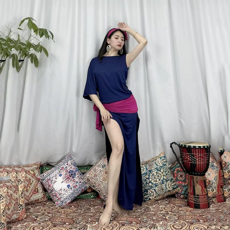 

Женское платье для танца живота, этническое свободное платье из модала с двумя разрезами и одним боковым рукавом, 2023