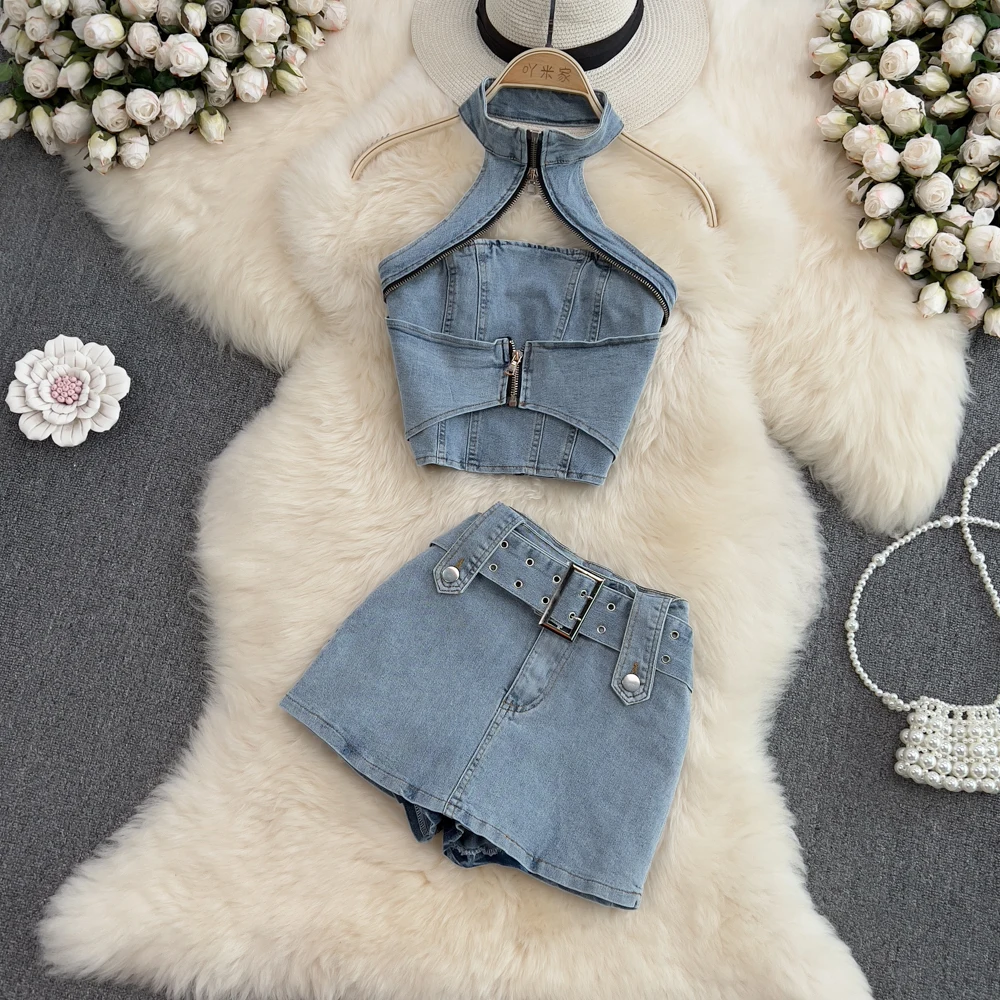

Women's Hot Girl Fashion Suit Groups Halter Neck Backless Slim Cropped Denim Top Two-Piece Set High Waist Wide Leg Shorts Skirt