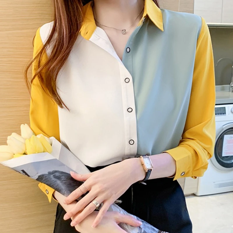 

2022 New Autumn Women Contrast Color Blouses Shirts Ladies Chiffon Tops Long Sleeve Casual Blusa Female Work Office Shirt