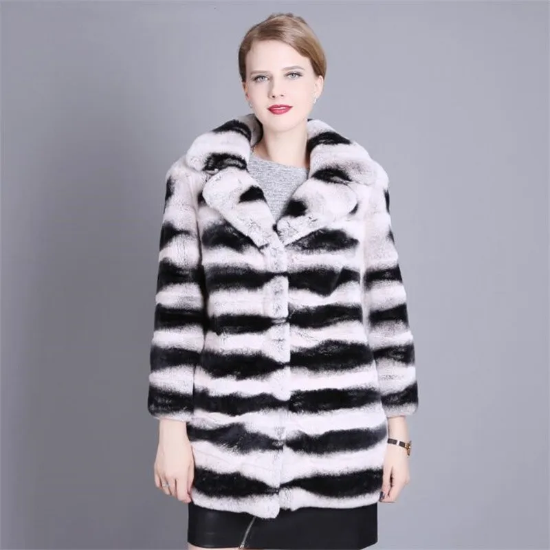 Natural Rex Rabbit Fur Coat Suit Collar 70cm Medium Long Fur Coat for Women Chinchilla Color Real Fur Winter Jacket