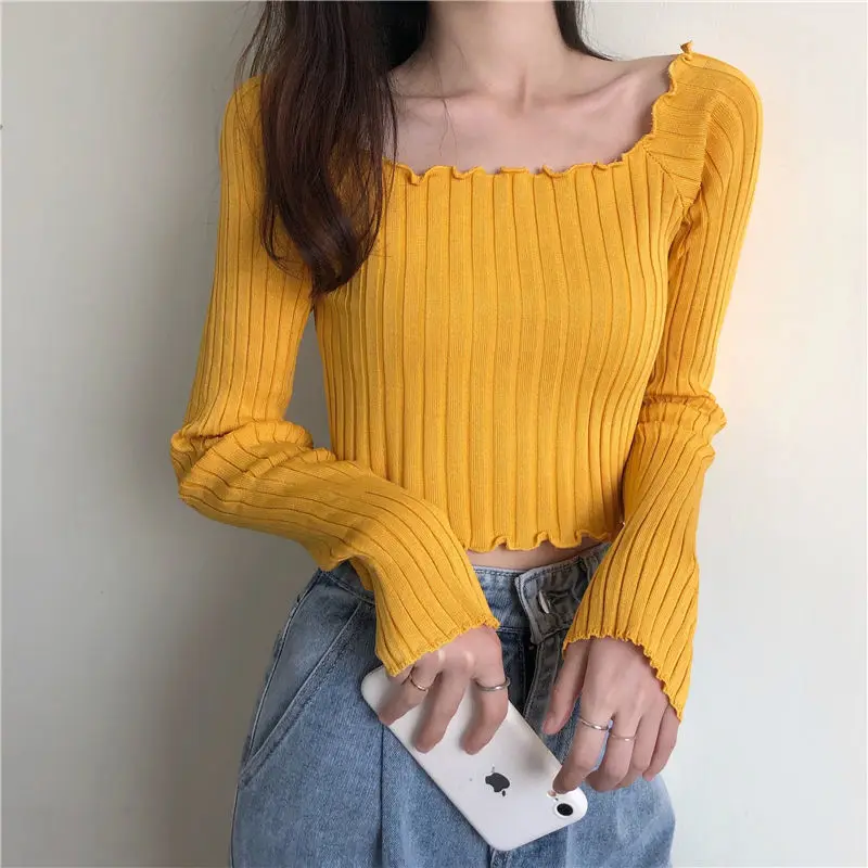 

Sweet Crop Tops Women Korean Fahsion Ruched Crop Top Ladies Fashion Pullover Long Sleeve T-Shirts Autumn Knitted Streetwear 2021