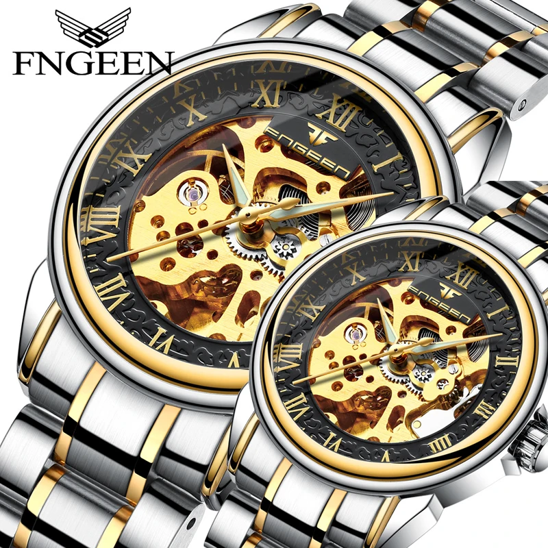 FNGEEN Couple Watches Luxury Automatic Skeleton Mechanical Watch Stainless Steel Waterproof Watches For Women Men Clock