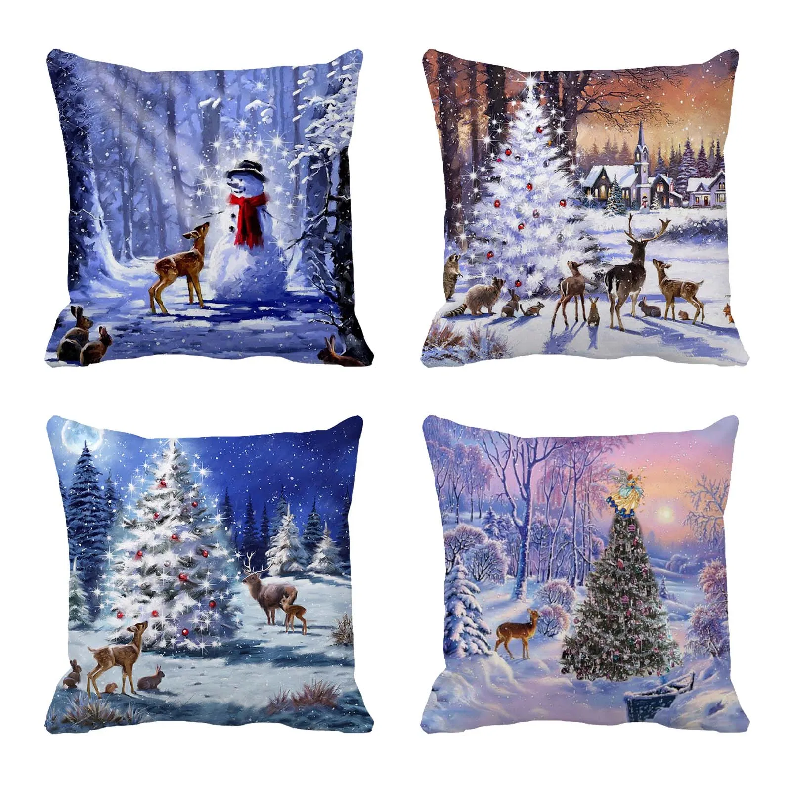 

4pcs Merry Christmas Cartoon Oil Painting 45x45CM Linen Pillow Case Covers Cushion Cover Home Decorations