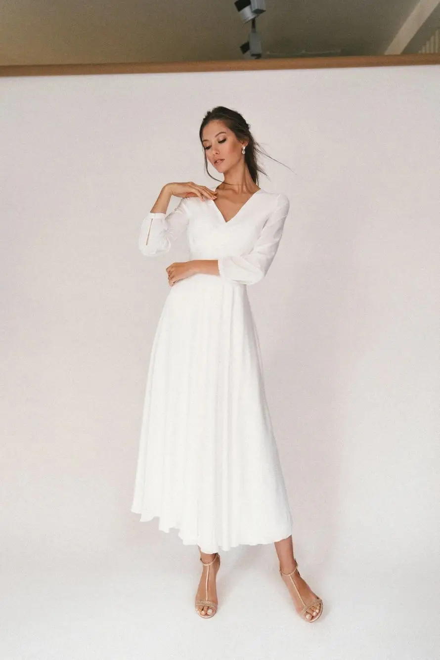 PLEINDI Luxury Evening Dresses V-Neck Long Sleeves A-shaped Tea-Length Chiffon 2022 New of Ruched Exquisite Prom Dress Women