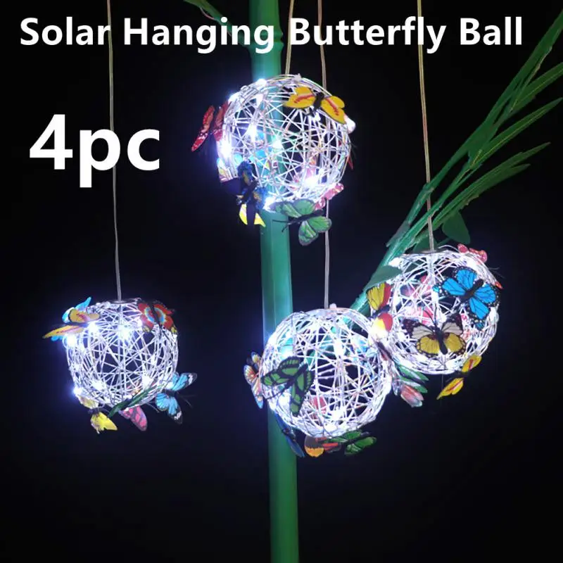 

4pcs Butterfly Ball Light Garden Solar Hanging Round Lamp Waterproof Outdoor Decor Pendant Light Landscape Pathway Decor