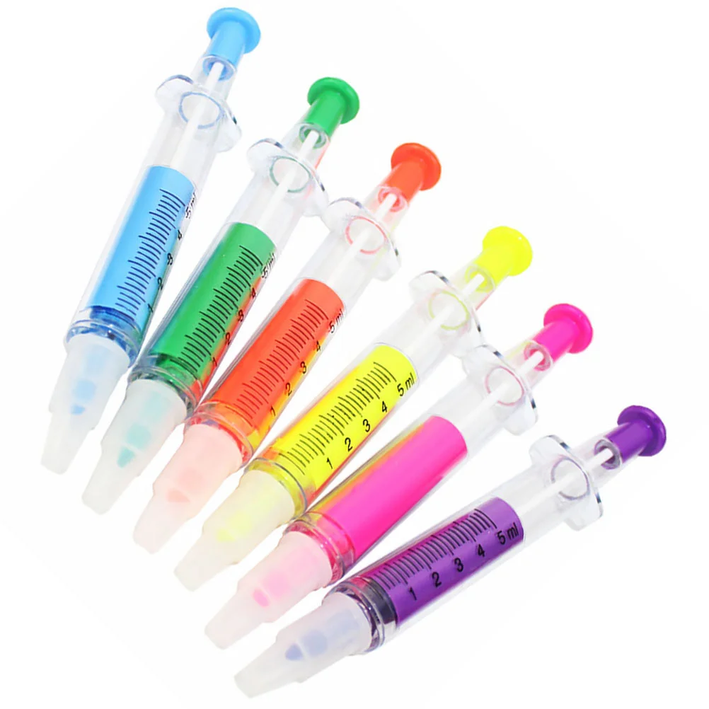 

6 Pcs Syringe Highlighters Broad Tip Dual Purpose Mild Color Abs Students Stationery Marker Pens