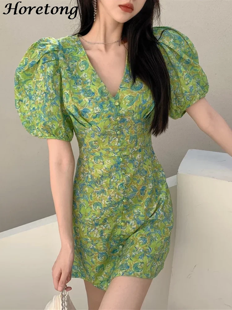 

Женское платье-мини с цветочным принтом, V-образным вырезом и рукавами-фонариками