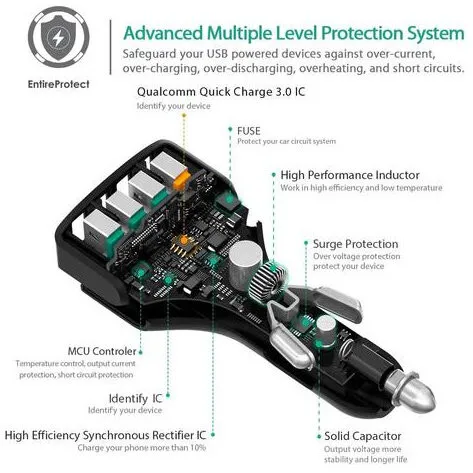 Автомобильное зарядное устройство Aukey 4 Ports USB Car Charger 55.5W цвет Черный (CC-T9) |