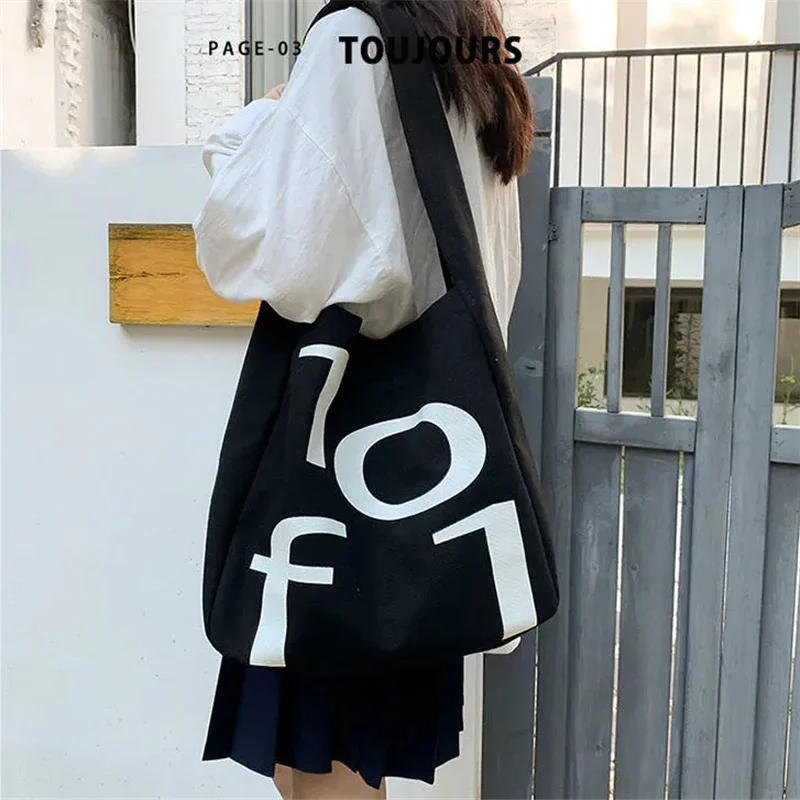 

Large Cotton Canvas Tote Bag Reusable Shopping Bags Letter Print Sundries Bags Foldable Women's Travel Shoulder Bags Handbags