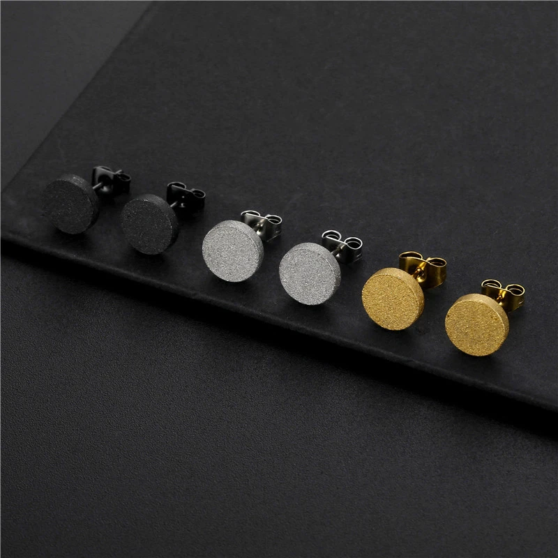 

Trendy Frosting Round Coin Stainless Steel Studs Earrings For Men Woman Piericng Simple Black Punk Stud Ear Jewelry