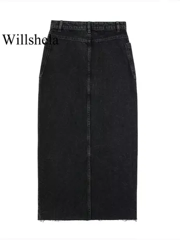 Willshela Women Fashion With Pockets Denim Black Front Zipper Midi Skirts Vintage High Waist Female Chic Lady Long Skirts