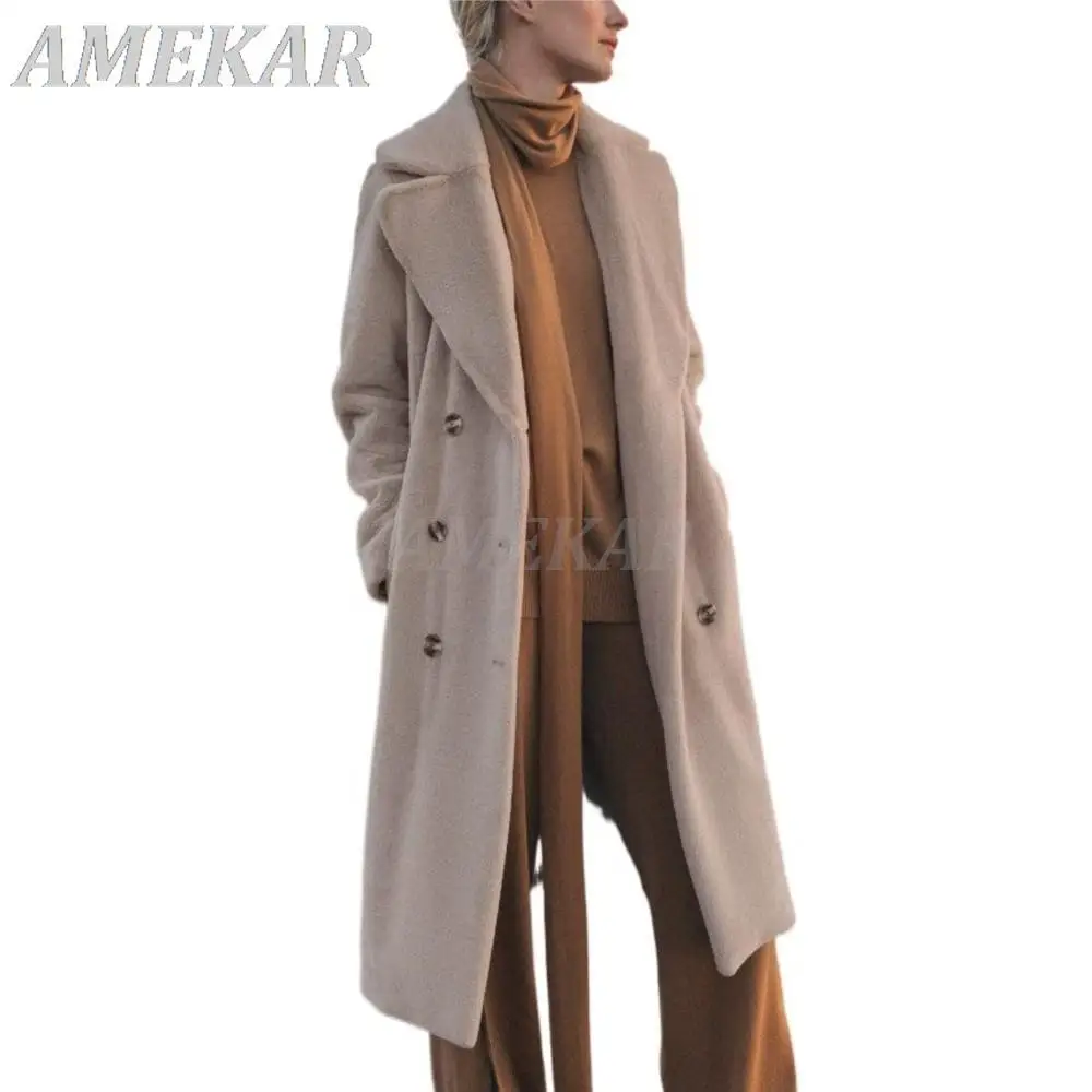 Winter Women High Quality Faux Rabbit Fur Coat Luxury Long Coat Loose Lapel OverCoat Thick Warm Female Plush Coats