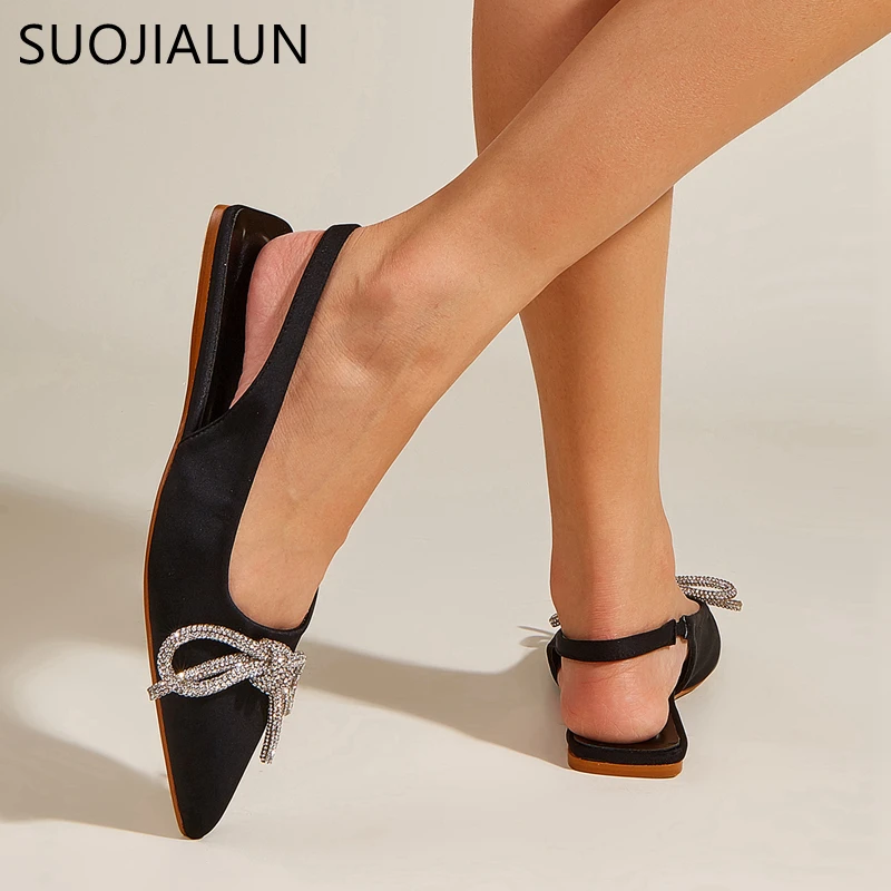 SUOJIALUN 2022 Summer New Fashion Crystal Bow-knot Women Sandal Flat Heel Pointed Toe Shallow Slip On Mules Dress Sandals Slides
