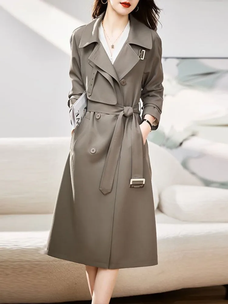 

Тренчкот женский двубортный на пуговицах, модная универсальная Классическая Повседневная однотонная уличная одежда с лацканами
